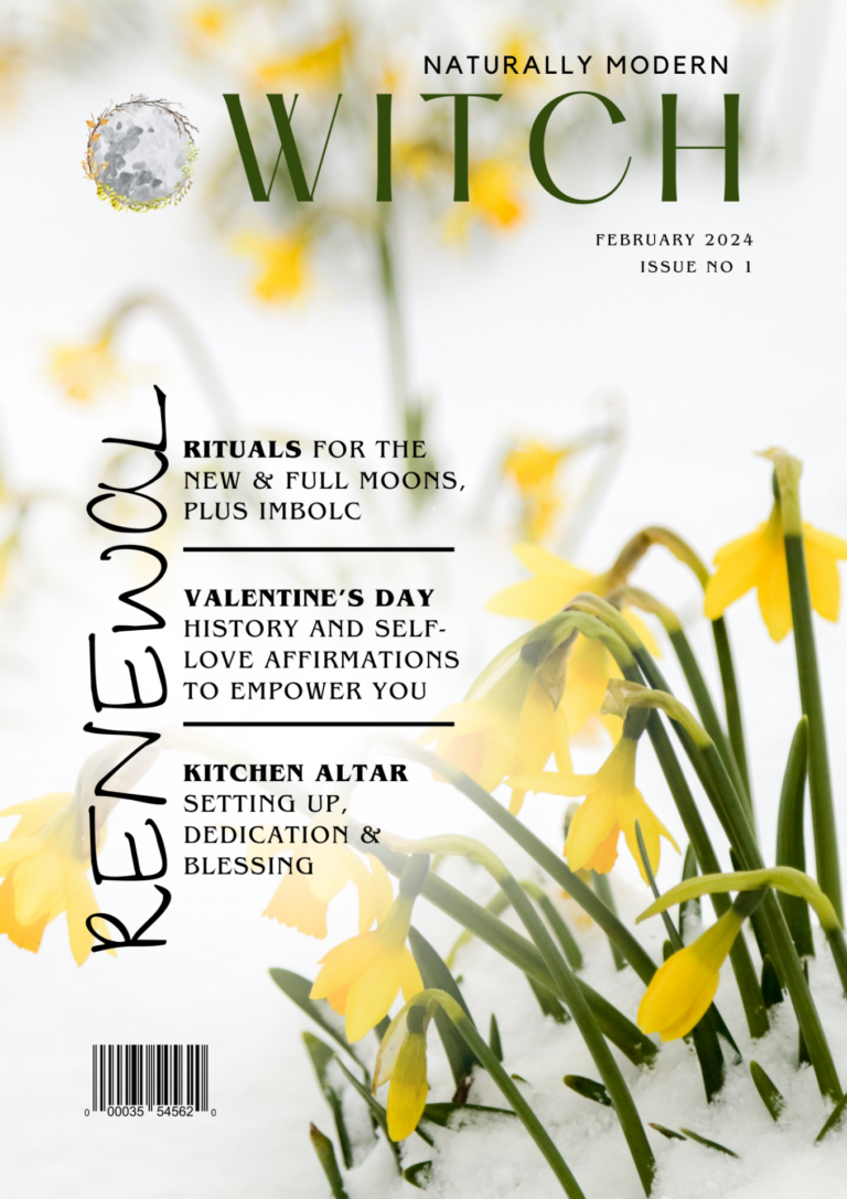 Naturally Modern witch Magazine cover Renewal Imbolg with daffodils in the snow